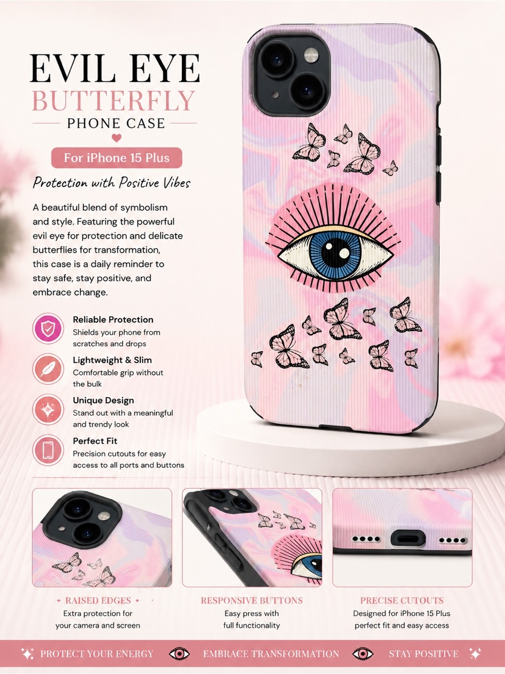 Evil Eye Butterfly Phone Case for iPhone 15 Plus - Pink